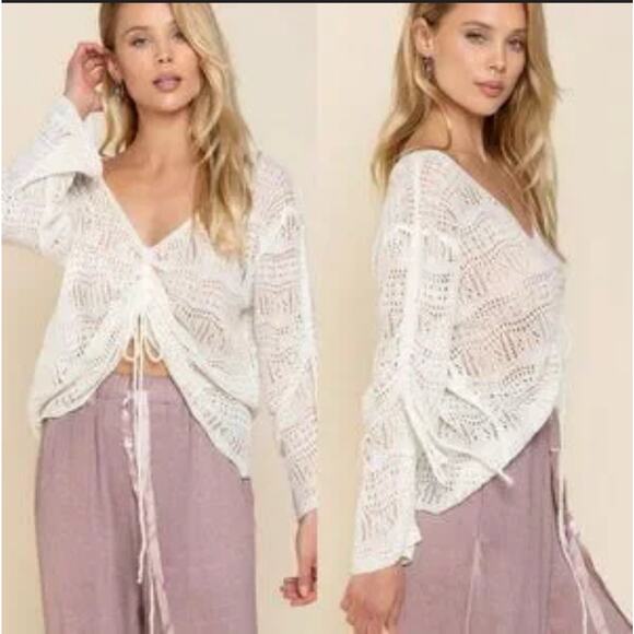 Pol Boho Open Knit White Lightweight Summer Sweater Large Flowy Adjustable - Picture 2 of 8